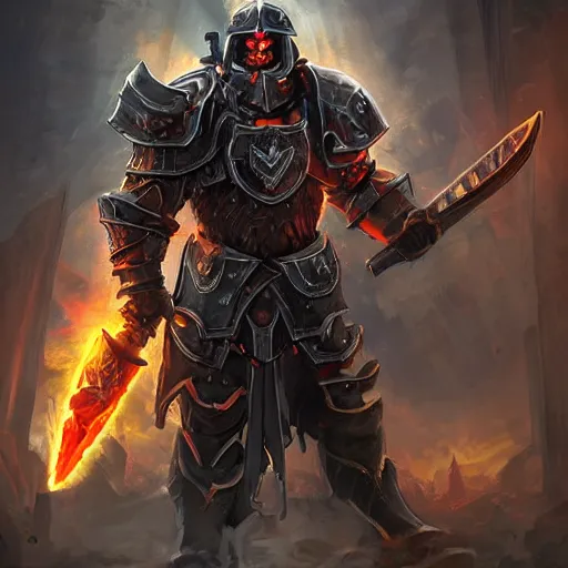 Prompt: Ares with heavy armor and sword, heavy knight helmet, dark sword in Ares's hand, war theme, bloodbath battlefield backgroubd, fiery battle coloring, hearthstone art style, epic fantasy style art, fantasy epic digital art, epic fantasy card game art