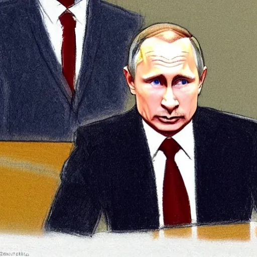 Prompt: vladimir putin on trial in the hague court drawing