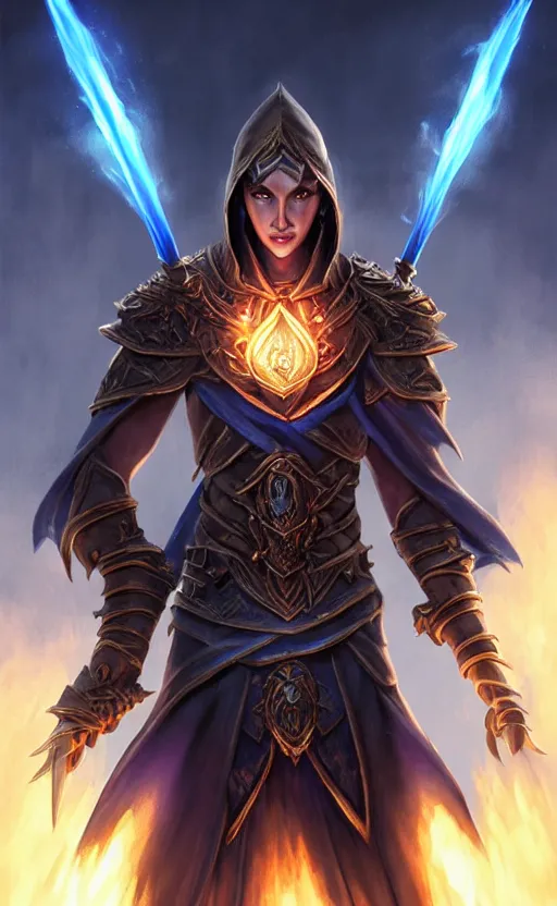 Image similar to legendary dark elf wizard with blue flame staff, highly detailed, d & d, fantasy, highly detailed, digital painting, trending on artstation, concept art, sharp focus, illustration, global illumination, ray tracing, realistic shaded, art by artgerm and greg rutkowski and fuji choko and viktoria gavrilenko and hoang lap