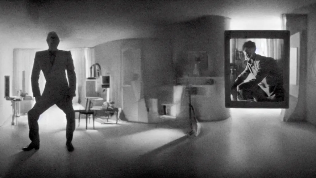 Image similar to an mri slice of james cavell in the living room, film still from the movie directed by denis villeneuve with art direction by salvador dali, wide lens