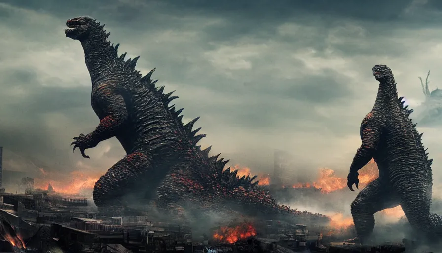 Godzilla walking towards the horizon in a ruined city, | Stable