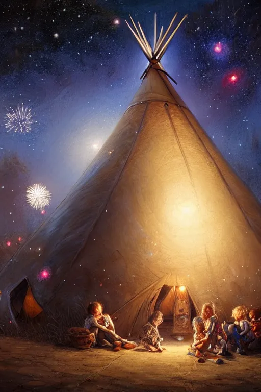 Image similar to a mother a father and 8 children sitting in front of a tipi with galaxies overhead, fireworks, by wlop, by luis royo, by peter mohrbacher, concept art, digital illustration, intricate, masterpiece, elegant, super detailed, unreal engine rendering, smooth, sharp focus, artstation hq