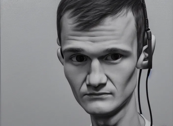 Image similar to vitalik buterin in headphones. vitalik buterin, medium shot, perfect symmetric face, coherent face, coherent eyes, cute, fine details., 4 k, hans zatska, oil paint