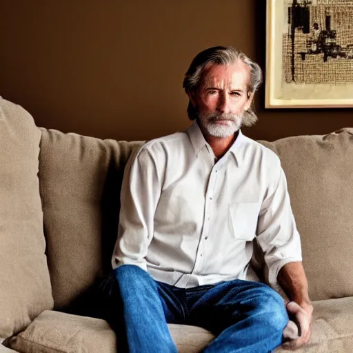 Prompt: cozy wide picture of older handsome lord richard is sitting gracefully on a sofa, his eyes look wise, happy wise. oh he is a human by the way, wear's beige shirt, has firm skin and bouncy belly