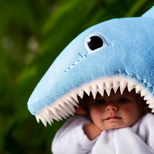 Prompt: cute and cuddly shark cub dressed like a baby