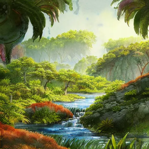 Image similar to beautiful detailed watercolor of a lush natural scene on a colourful alien planet by vincent bons. ultra sharp high quality digital render. detailed. beautiful landscape. weird vegetation. water. soft colour scheme. grainy.