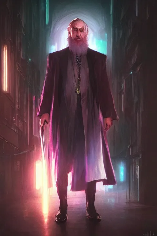 Image similar to portrait of Dumbledore in cyberpunk, neon lighting, night city, digital art from artstation by Ruan Jia and Mandy Jurgens and Artgerm and william-adolphe bouguereau and Greg Rutkowski