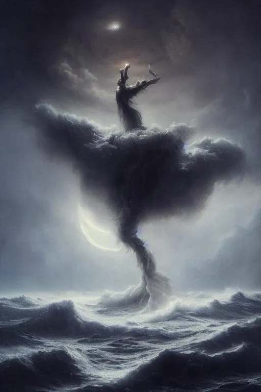 Image similar to Intricate stunning highly detailed water deity emerging from a stormy ocean by agostino arrivabene, Greg Rutkowski , surreal, digital painting, ultra realistic, Horror vacui, beautiful lighting, full moon, ravens, thick black swirling smoke tornado, burning fire embers, artstation