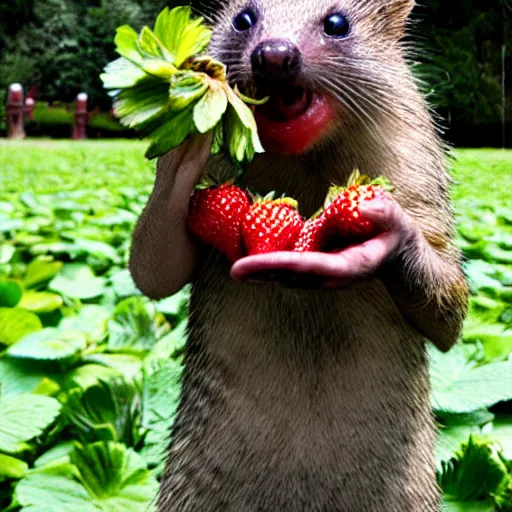 Prompt: photo of a blind ZOMBIE marsupial mole eating strawberries-W 1024