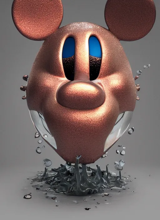 Image similar to mickey mouse head, fractal, broken, wet, mycelium, radiant alien, rococo, baroque, automotive, bio-mechanical, porcelain, iridescent sub surface scattering, octane render