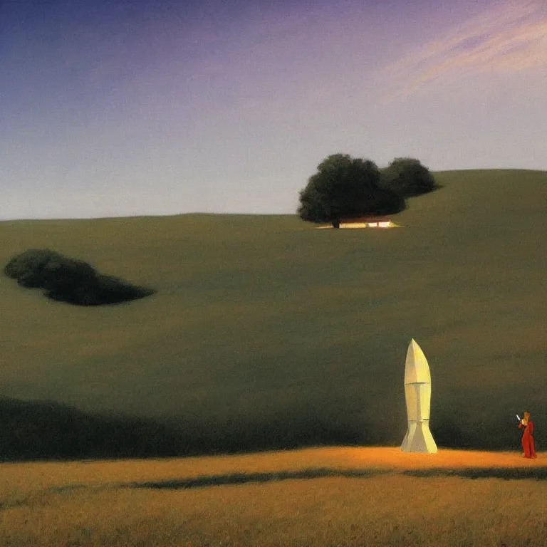 Image similar to a storybook illustration of a spaceship in cornfield, quiet foggy scene painted by Edward Hopper and Robert McGinnis masterpiece, intricate, elegant, fantasy, highly detailed, digital painting, concept art, sharp focus, artstation