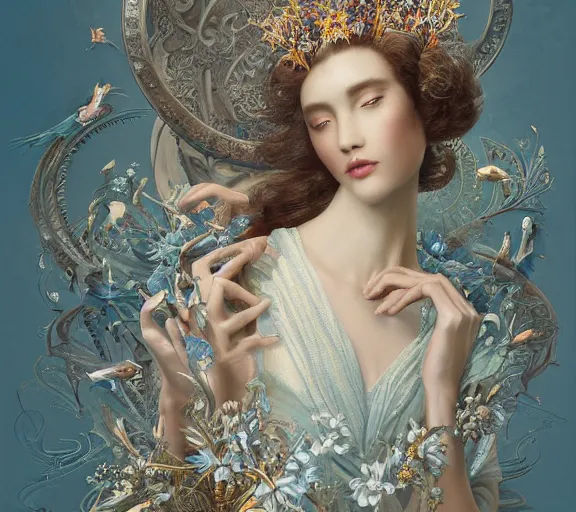 Image similar to breathtaking detailed concept art painting art deco pattern a beautiful wavy brown haired man with pale skin and a crown on his head sitted on an intricate metal throne light - blue flowers with kind piercing eyes and blend of flowers and birds, by hsiao - ron cheng and john james audubon, bizarre compositions, exquisite detail, extremely moody lighting, 8 k h 1 0 2 4