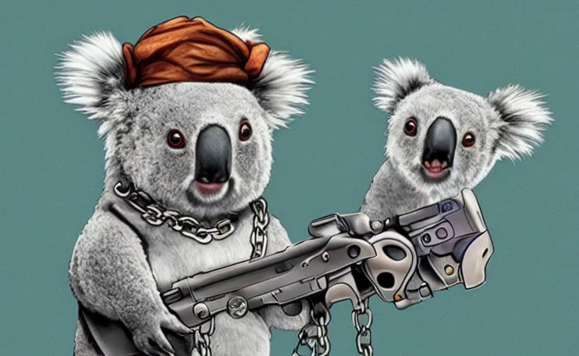 Image similar to “ cute koala with very big eyes, wearing a bandana and chain, holding a laser gun, standing on a desk, digital art, award winning ”