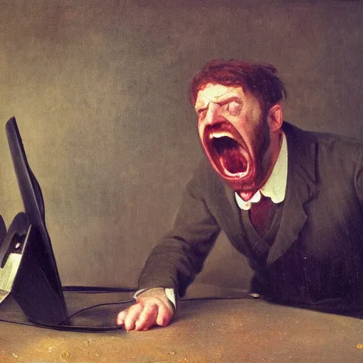 Image similar to an angry man yells at his computer monitor, oil on canvas, 1 8 8 3, highly detailed