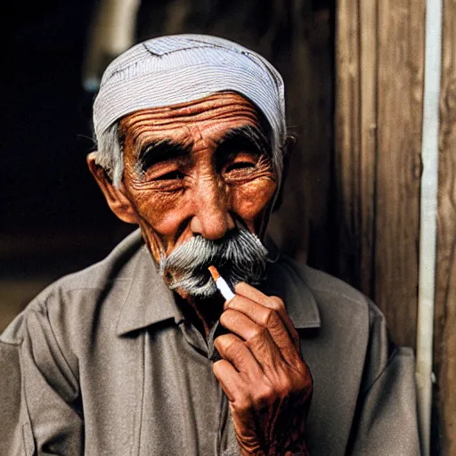 Image similar to photograph of an elderly hui muslim man looking at the camera and smoking a pipe