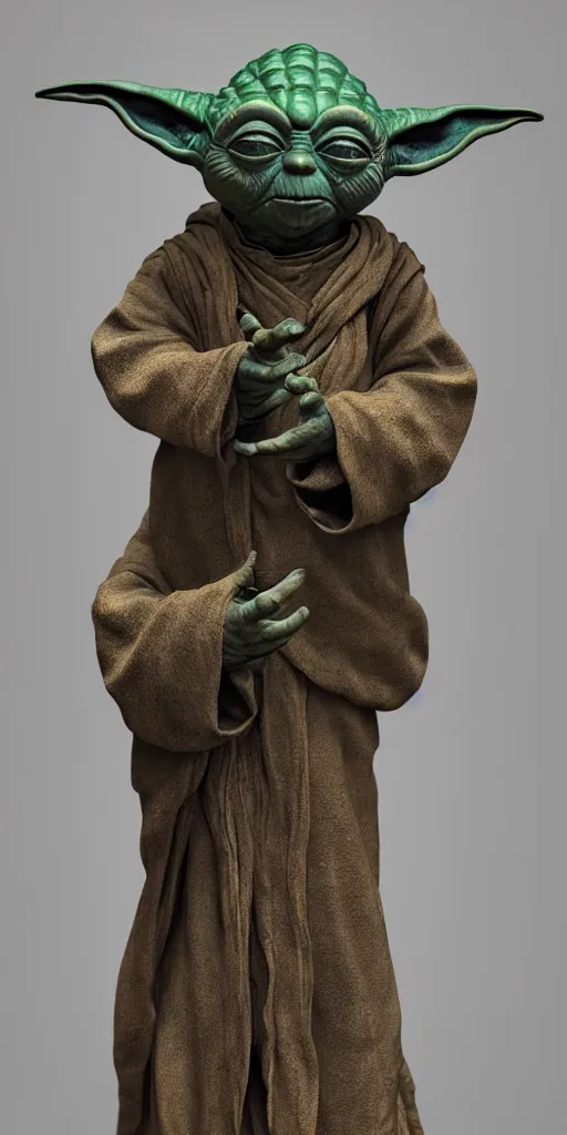 Prompt: detailed photo of an old bronze patina statue of yoda, full body portrait, various pose, photorealism, intricate detail, museum diffuse lighting