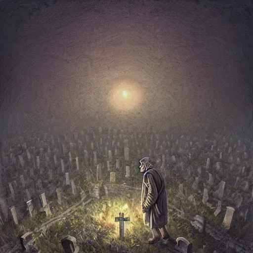 Image similar to a man floating in a cemetery at night, by Dan Seagrave and by Dan Witz, glossy digital painting, fantasycore