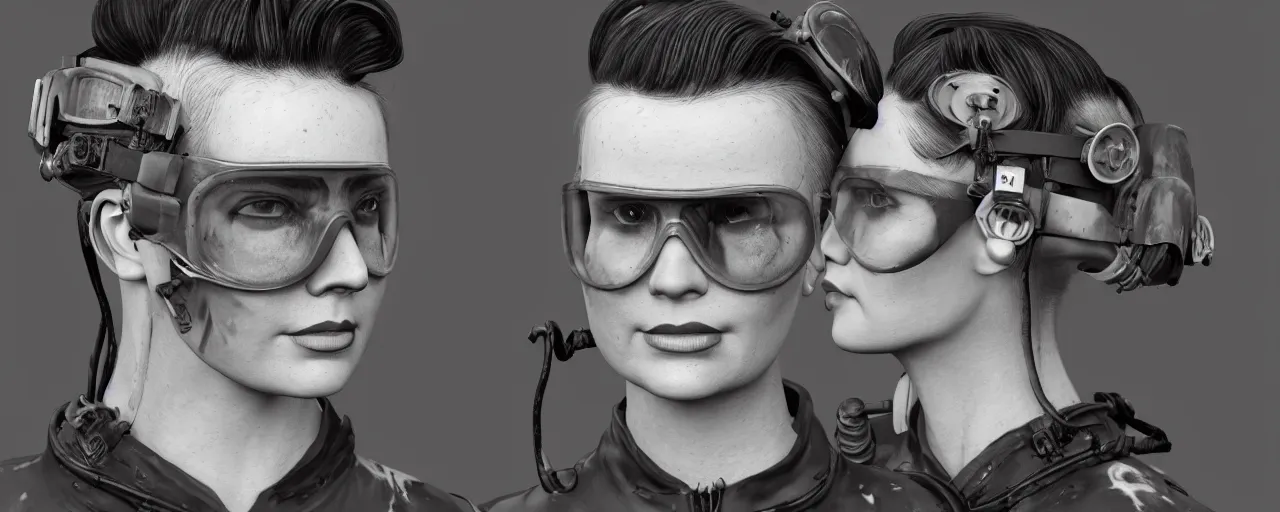 Prompt: ink character concept art 3 / 4 portrait of tattooed stoic heroic emotionless butch blonde woman engineer with short slicked - back hair, wearing dirty flight suit, wearing dark victorian goggles on forehead, awkward and uncomfortable and anxious, dirty. reactor room, scifi, hyper detailed. octane render. trending on artstation