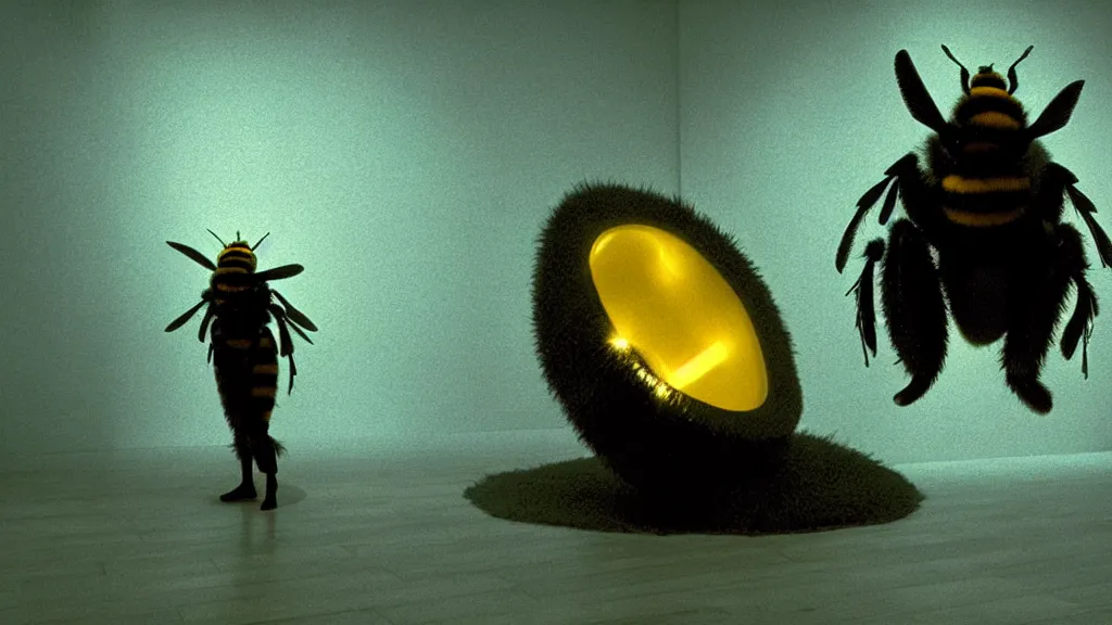 Image similar to the giant bumblebee in the living room, made of glowing wax, film still from the movie directed by denis villeneuve with art direction by zdzisław beksinski, wide lens