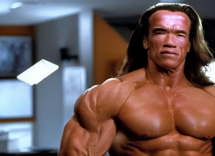 Image similar to arnold schwarzenegger in a still from the movie The Room (2003)