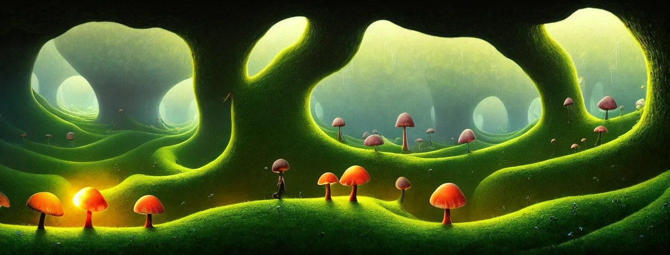 Image similar to gediminas pranckevicius beautiful and stunning professional digital artwork of a glowing mushroom cave, haze, spores floating in the air, vines, water, volumetric lighting, hyperrealistic, rtx on, ultra detail, barlowe wayne maxfield parrish and marco mazzoni