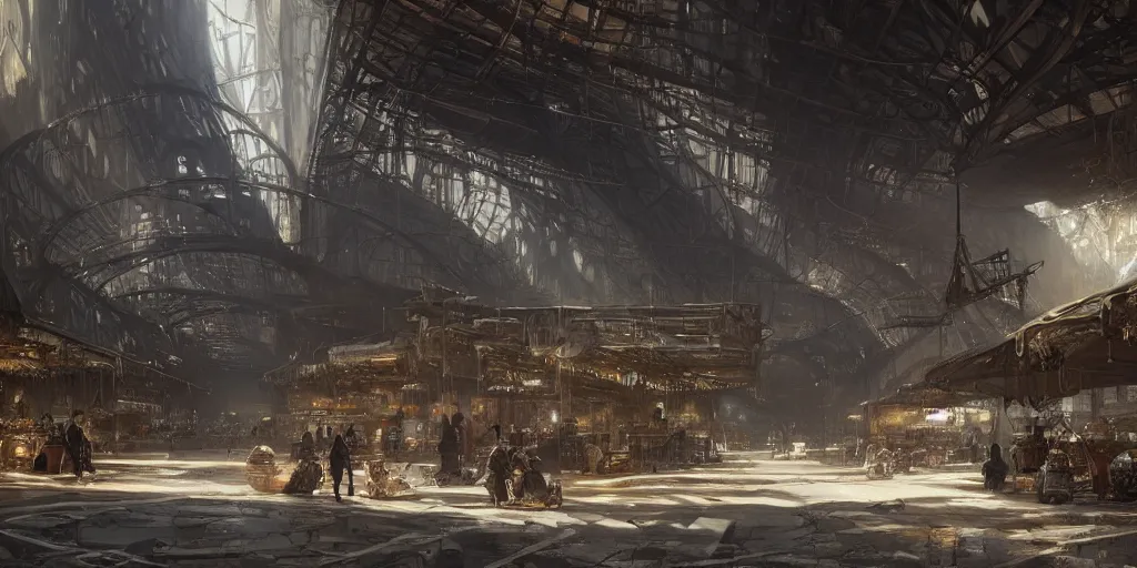 Prompt: screenshot of a marketplace in a massive cavernous iron city, dappled light, colossal arcing metal structures high in the cavernous metal interior, beautiful, awe inspiring, fps, by james gurney, greg rutkowski, sparth, cinematography, cinematic masterpiece