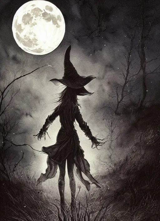 Prompt: witch in front of the full big moon, watercolor, dramatic lighting, cinematic, establishing shot, extremly high detail, foto realistic, cinematic lighting, pen and ink, intricate line drawings, by Yoshitaka Amano, Ruan Jia, Kentaro Miura, Artgerm, post processed, concept art, artstation, matte painting, style by eddie mendoza, raphael lacoste, alex ross