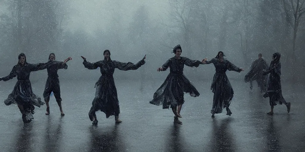 Prompt: epic cinematic movie screenshot of eurythmy in the rain by greg rutkowski, roger deakins