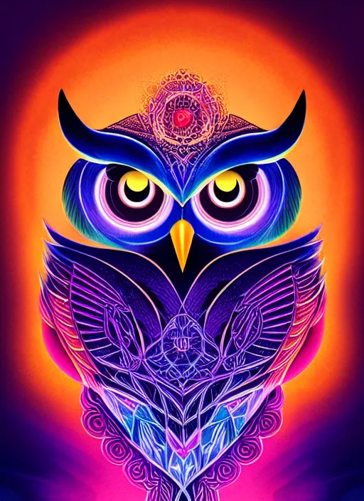 Image similar to symmetry!! product render poster vivid colors divine proportion owl, 神 圣, glowing fog intricate, elegant, highly detailed, digital painting, artstation, concept art, smooth, sharp focus, illustration,