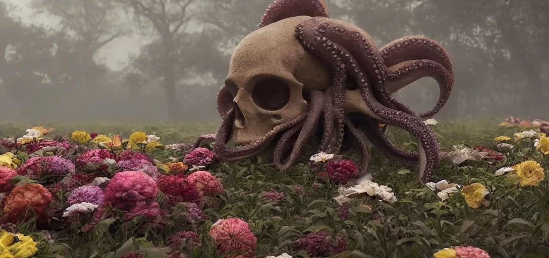 Prompt: an octopus in the shape of a skull surrounded by flowers at dawn, foggy, cinematic shot, photo still from movie by denis villeneuve, wayne barlowe