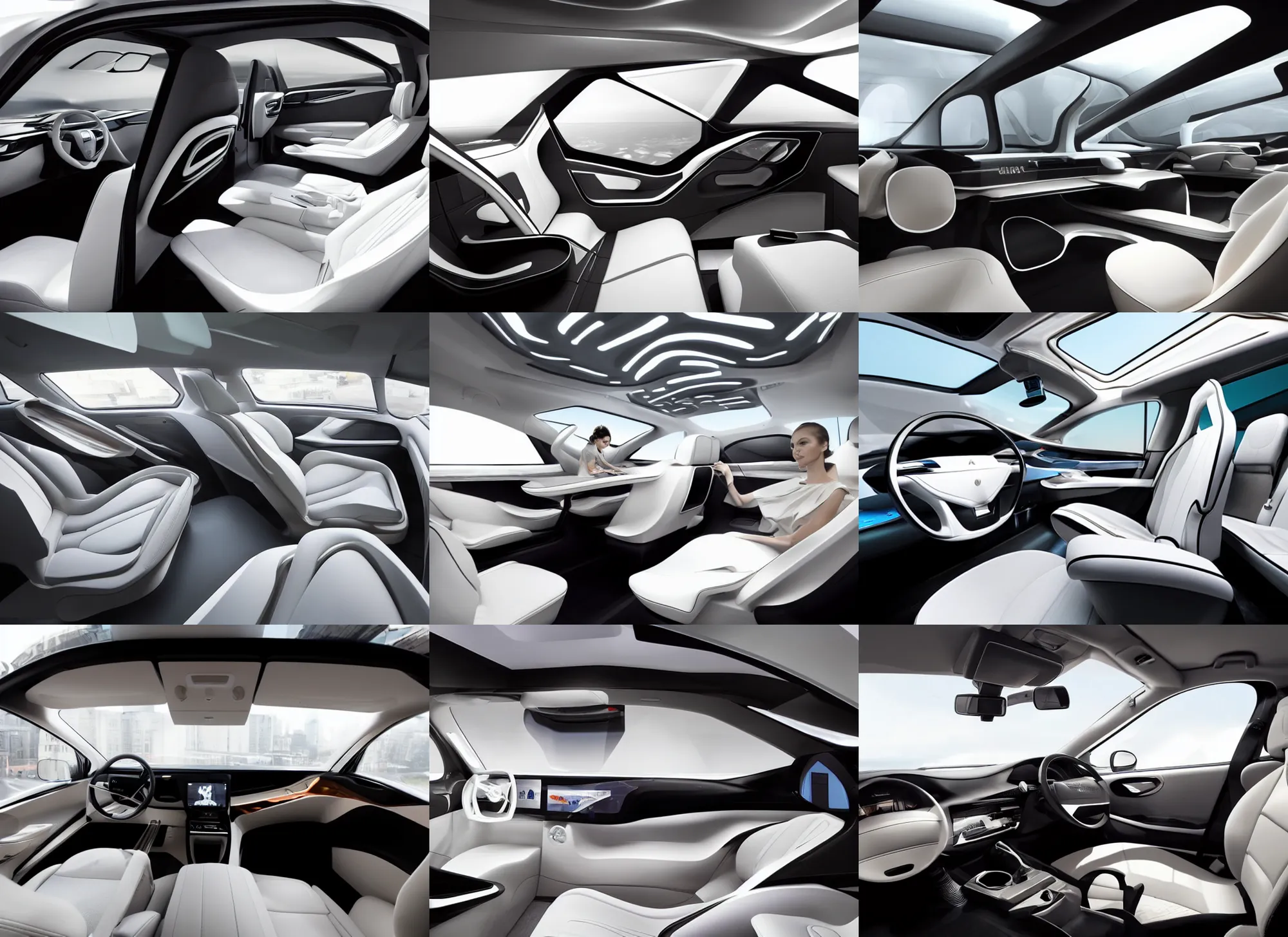 Prompt: the interior of a modern family car, designed by zaha hadid