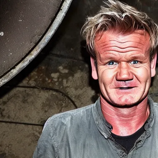 Prompt: Gordon Ramsey hiding in a sewer, creepy, grunge, IT