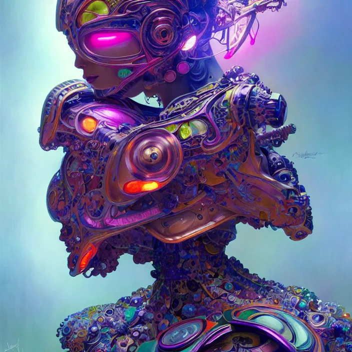 Image similar to bright psychedelic organic cyborg, 4th dimensional, diffuse lighting, fantasy, intricate, elegant, highly detailed, lifelike, photorealistic, digital painting, artstation, illustration, concept art, smooth, sharp focus, art by John Collier and Albert Aublet and Krenz Cushart and Artem Demura and Alphonse Mucha