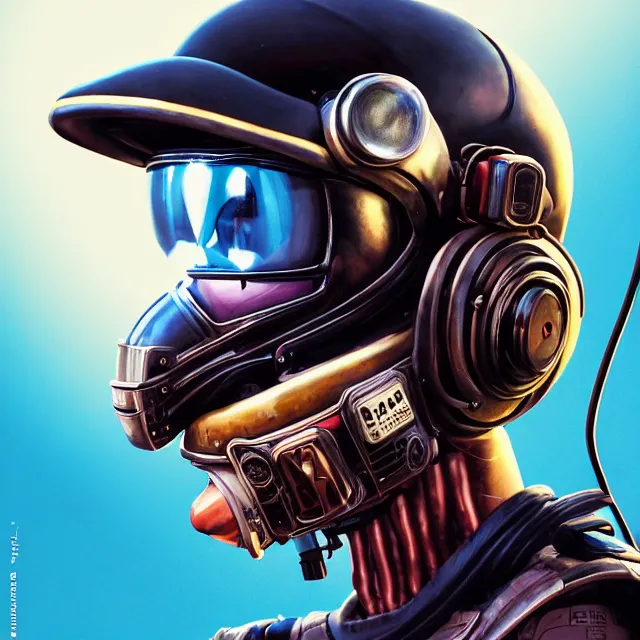 Prompt: a portrait of an anthropomorphic cyberpunk baboon in a racing helmet by sandra chevrier, detailed render, tape deck, boombox, headphones, epic composition, cybernetics, 4 k realistic, cryengine, realistic shaded lighting, sharp focus, masterpiece, by matteo scalera, gary montalbano, peter elson in the style of the tokyo ghost comic