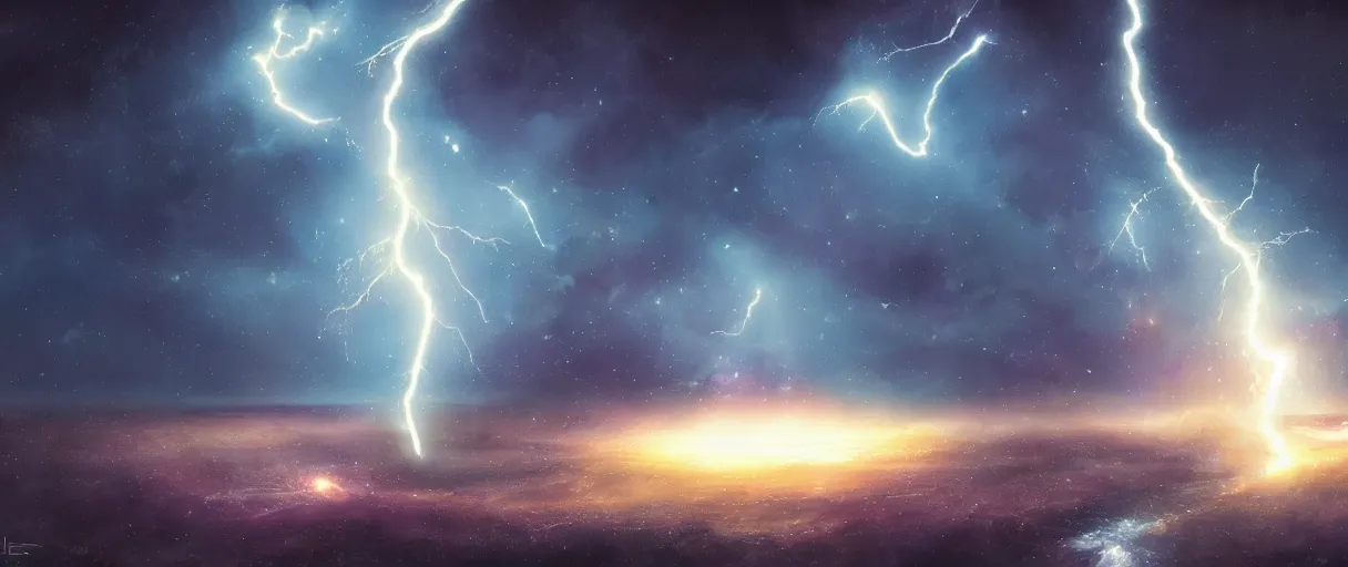 Image similar to lightning in space, stars, nebula, matte painting, futuristic, sci fi, digital painting, trending on artstation, high detail, void, interstellar