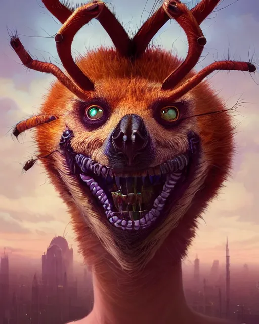 Image similar to highly detailed surreal vfx portrait of a nowpunk spider kangaroo hybrid, stephen bliss, unreal engine, greg rutkowski, loish, rhads, beeple, makoto shinkai and lois van baarle, ilya kuvshinov, rossdraws, tom bagshaw, alphonse mucha, global illumination, detailed and intricate environment