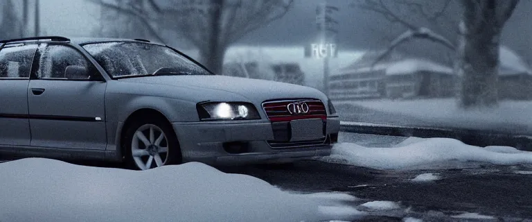 Prompt: Audi A4 B6 Avant (2002), a gritty neo-noir, dramatic lighting, cinematic, eerie person, death, homicide, homicide in the snow, gunshots, establishing shot, extremely high detail, photorealistic, cinematic lighting, artstation, by simon stalenhag, Max Payne (PC) (2001) winter New York at night, In the style of Max Payne 1 graphic novel, flashing lights, Poets of the Fall - Late Goodbye