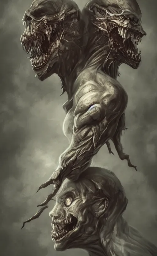 Image similar to full body portrait of of a two headed monster smiley creepily, dynamic lighting, photorealistic, fantasy concept art, ambient lighting, atmospherical, stunning visuals, creative, cinematic, ultra detailed, trending on art station