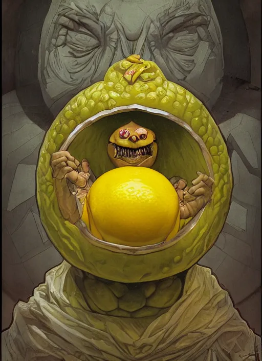 Image similar to renaissance grotesque full body portrait painting of angry crossfit lemon with a face in a lemon themed spaceship going to a lemon portal, superior, character redesign by lee bermejo and greg rutkowski and alphonse mucha