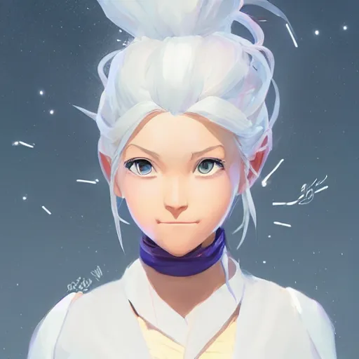 Image similar to girl sorcerer with white hair in a hairbun, she is wearing a scarf. she is learning how to use her magic powers. cgsociety masterpiece, artstation trending, by rossdraws, ghibli, kimi no na wa, greg rutkowski, simon stalberg, greg manchess