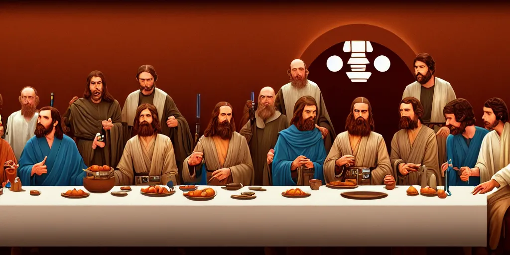 Image similar to star wars last supper by wes anderson, digital painting, trending on artstation, sharp focus, 4 k