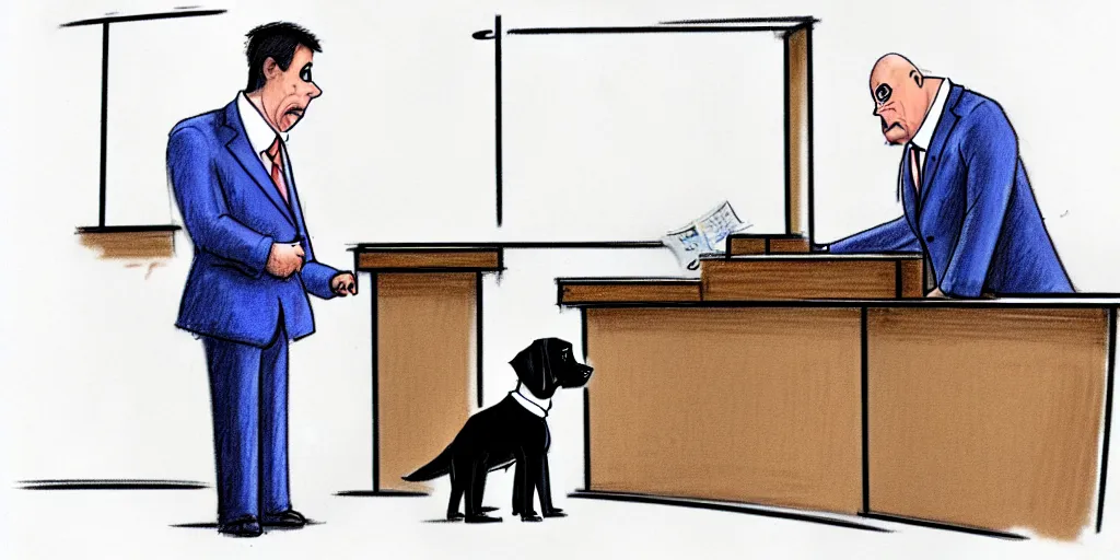 Image similar to a dog in a suit cross-examining a mailman, courtroom sketch