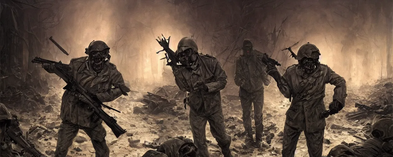 Image similar to an extremely detailed dark macabre photorealistic matte portrait of a soviet war soldier fighting zombies in a nuclear winter by J.C Leyendecker and Zdzisław Beksiński , Vietnam horror, destroyed street liminal space, dramatic lighting, trending on artstation, 8K, HDR, I cant believe how nightmarish this is