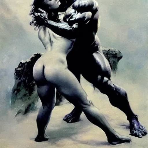 Prompt: “Frightening Strength and Beauty, by Frank Frazetta. Rippling muscles, toned bodies. A panther lies in front of the couple”