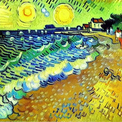 Prompt: Stunning post-impressionist painting of a day at the beach by van Gogh