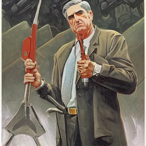 Image similar to soviet propaganda of robert mueller holding a hammer and sickle in realistic collective farm, by j. c. leyendecker, bosch, and beksinski