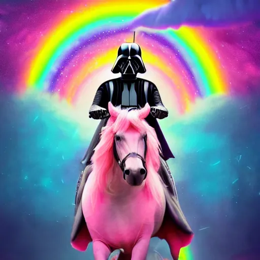 Image similar to beautiful matte painting, rainbow colored pink pink darth vader wearing pink wearing pink, riding a unicorn, riding a unicorn, riding a unicorn with one horn, over a glittering rainbow, in psychedelic space, by lisa frank and dan mumford, octane render, HDR, vivid color, volumetric lighting, unreal engine, concept art, CGsociety, trending on artstation