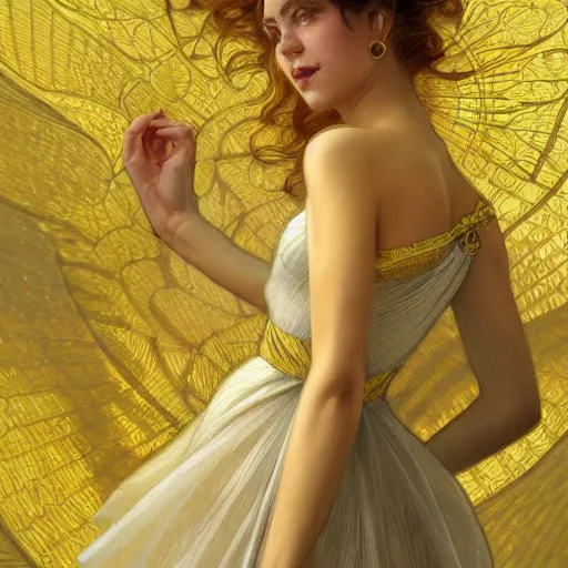 Image similar to a woman in a modern yellow organza dress dancing, ultra realistic, intricate, elegant, highly detailed, digital painting, artstation, smooth, sharp, focus, illustration, art by artgerm and greg rutkowski and alphonse mucha,