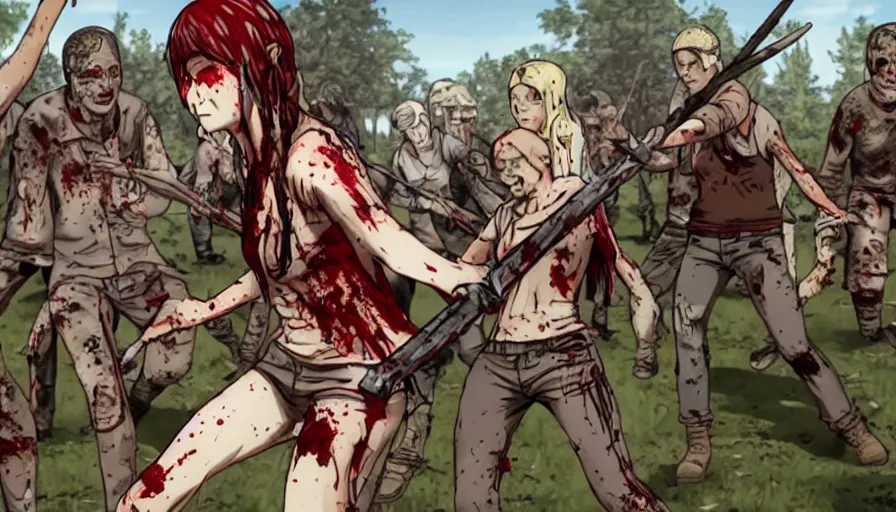 Image similar to full - body action shot of a well - armed female with tattered, blood - soaked clothing, using a sword to fight a horde of the walking dead, in the style of a highly - detailed anime characters