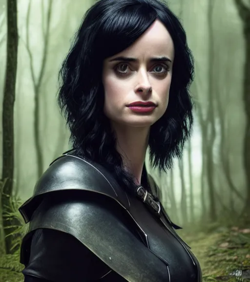 Image similar to 5 5 mm close up portrait photo of krysten ritter as yennefer of vengerberg in black leather armor and black hair, in a forest. magical atmosphere. art by greg rutkowski. lifelike. very detailed 8 k. intricate. soft light. nikon d 8 5 0.